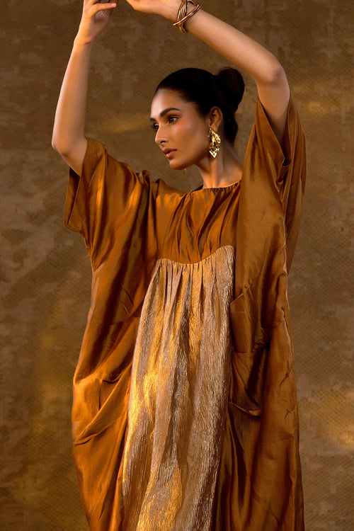 Agneya Dark Amber Silk and Crushed Tissue Kaftan Dress
