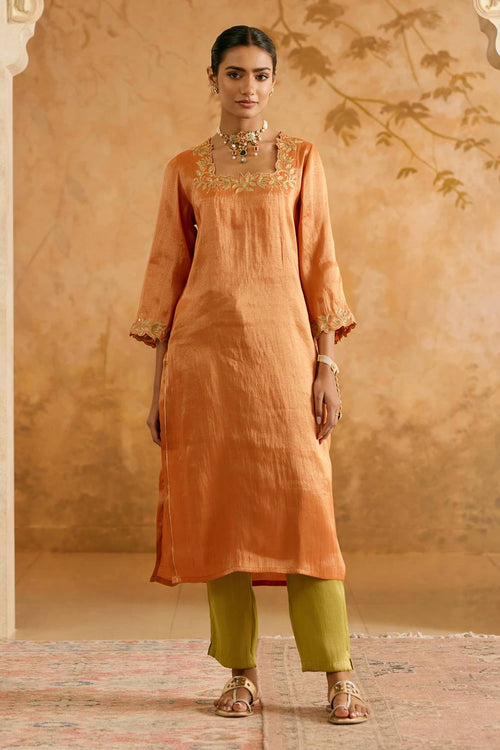 Rust Fern Tissue Kurta With Pants