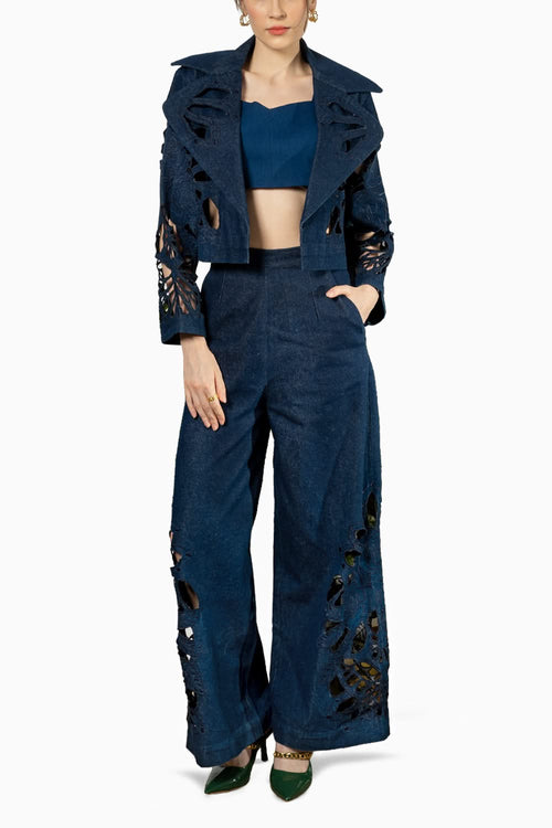 Dark Blue Denim Denim Cutwork Set