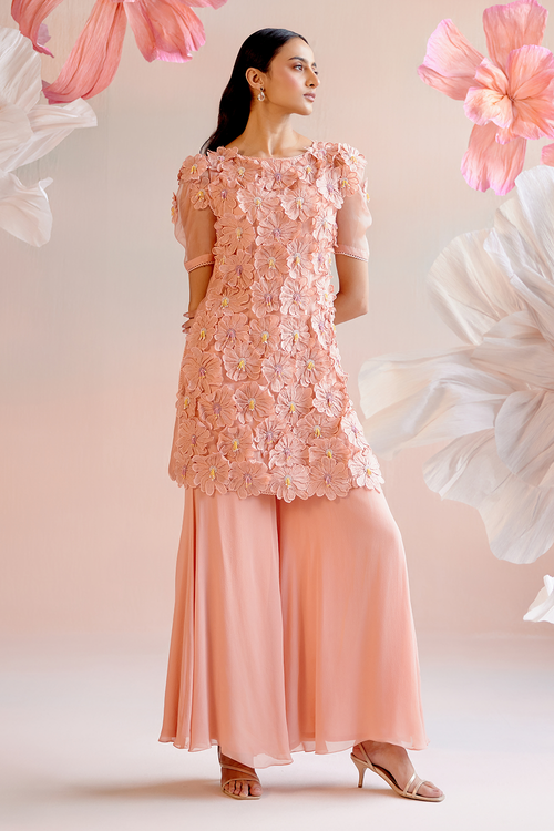 Peach Daisy Short Kurta with Flared Sharara Pant