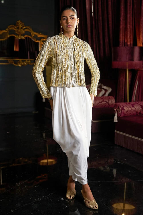 Crushed Gota Weave Bolero & Ivory Cowl Pant
