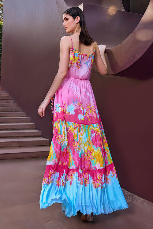 Pink Placement Tiered Maxi Dress