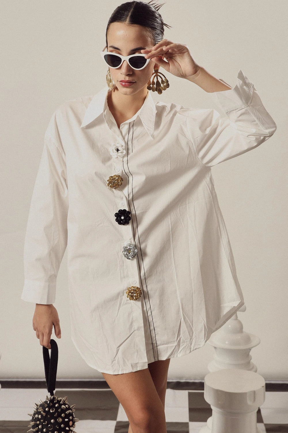 Beatrix Bejeweled White Button Me Up Shirt Dress