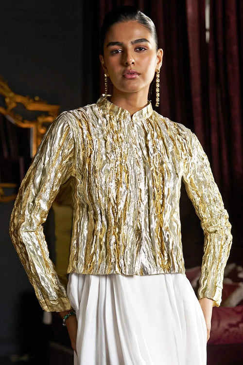 Crushed Gota Weave Bolero & Ivory Cowl Pant