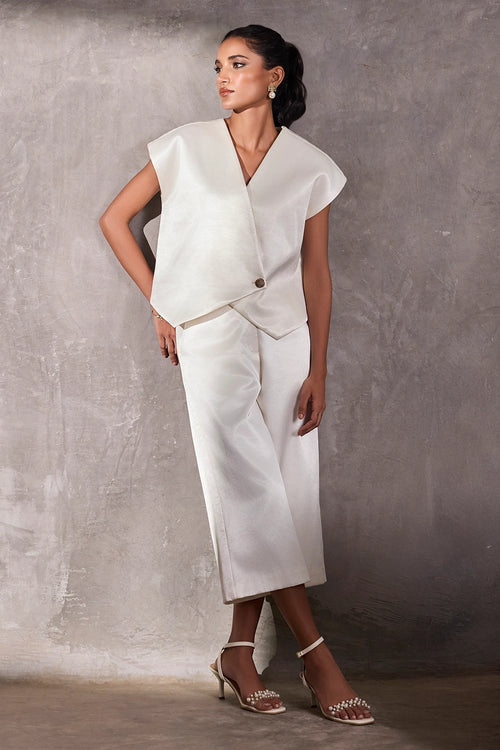 Ivory Gajji Silk Aymmetric Bolero With Ivory Gajji Silk Gaucho Pants