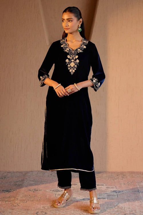 Navy Embroidered Kurta With Pants