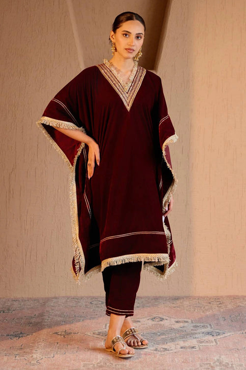 Maroon Velvet Kaftan With Pants