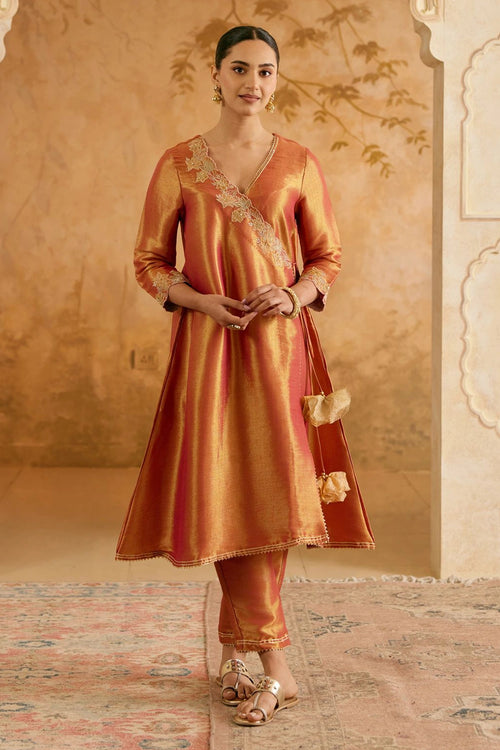 Rosy Zari Tissue Angrakha With Pants