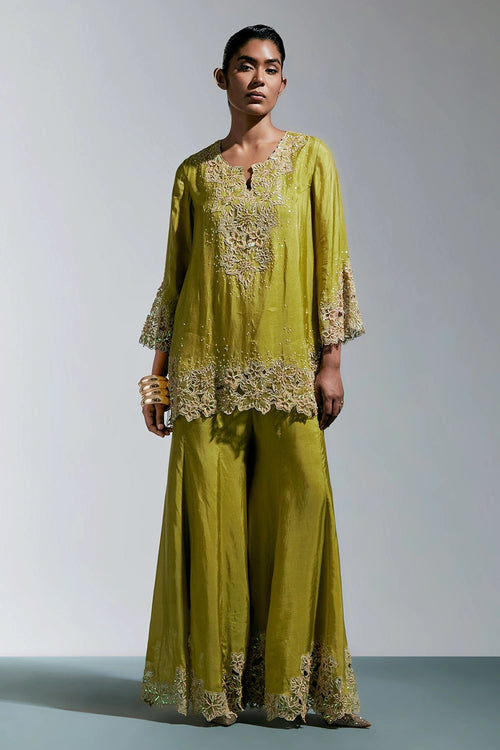 Henna Floral Threadwork Silk Sharara Set