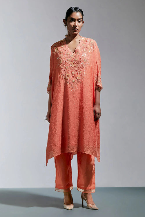 Vermilion Floral Threadwork Silk Kaftan Set
