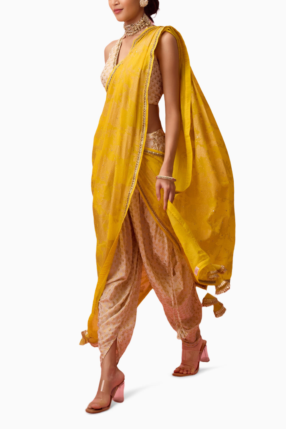 Ghee Yellow Crepe Dhoti Saree