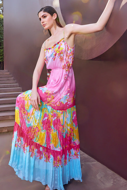 Pink Placement Tiered Maxi Dress