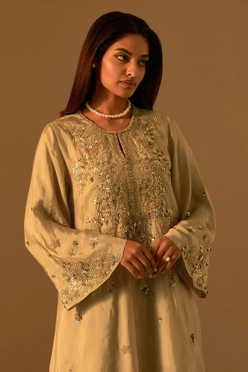 Shell Embroidered Yoke Silk Salwar Set