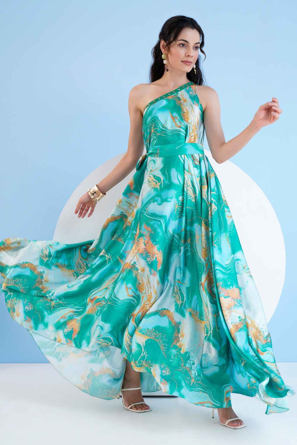 Green Trippy Romance Printed One Shoulder Kaftan Dress