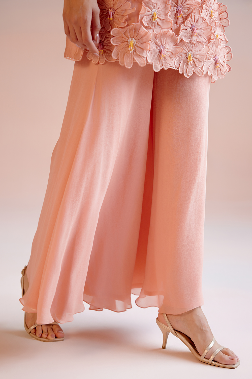 Peach Daisy Short Kurta with Flared Sharara Pant