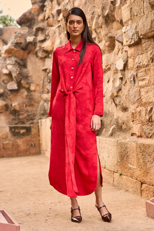 Red Jacquard Shirt Dress