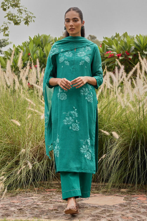 Teal Applique Embroidered Kurta Set