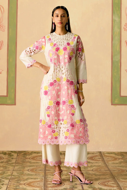 Ivory and Pink Applique Kurta Set with Dupatta