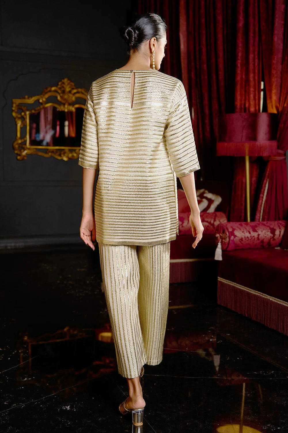 Metallic Stripe Embroidered Pant