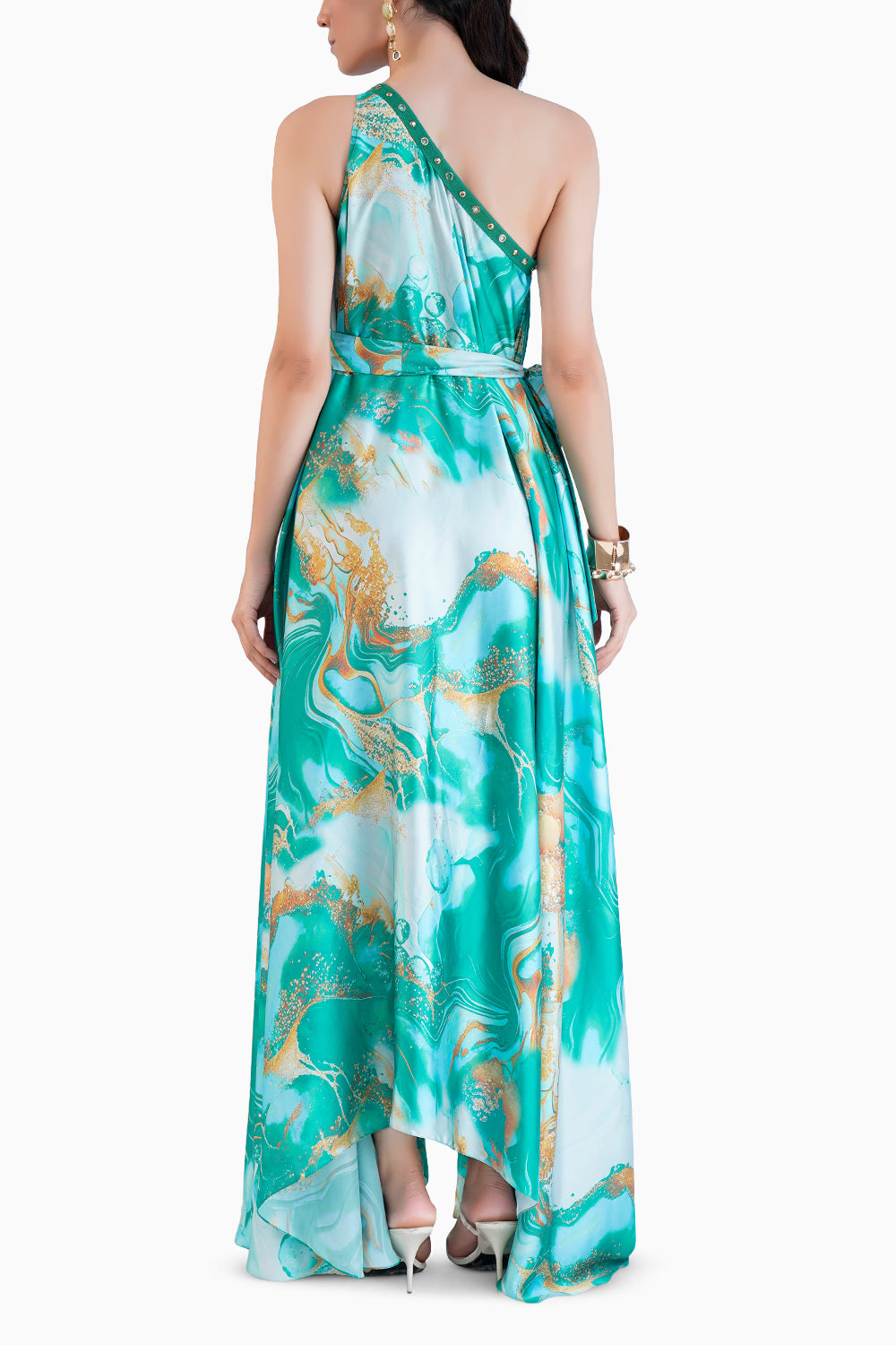 Green Trippy Romance Printed One Shoulder Kaftan Dress