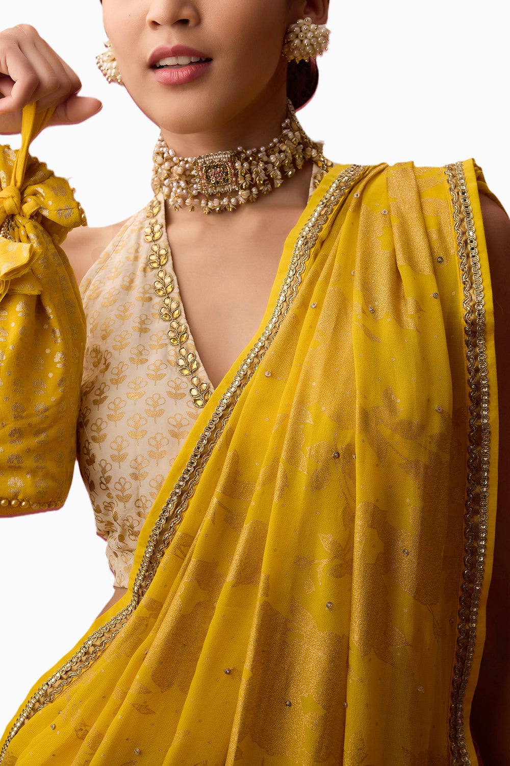 Ghee Yellow Crepe Dhoti Saree