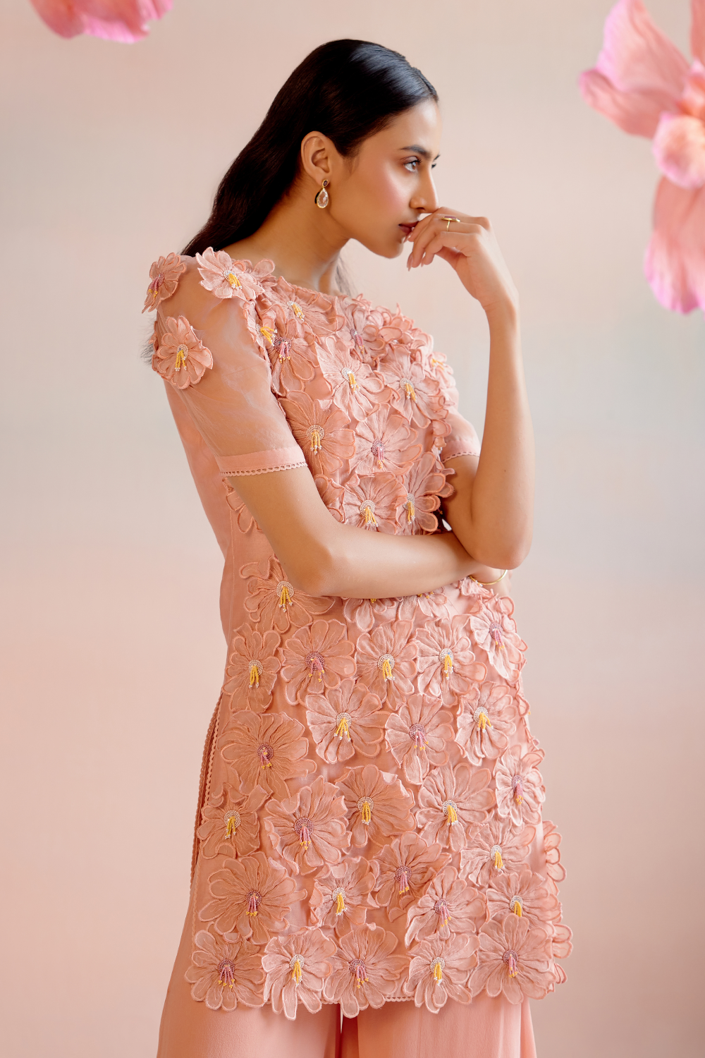 Peach Daisy Short Kurta with Flared Sharara Pant