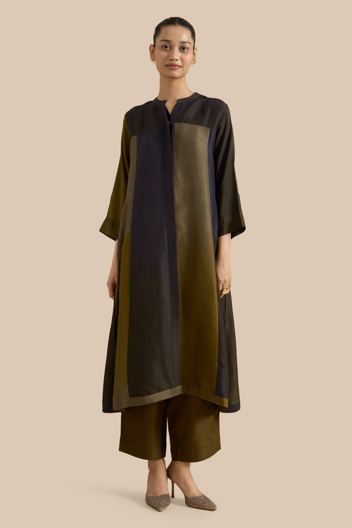 Black Olive Color Block Kurta Set