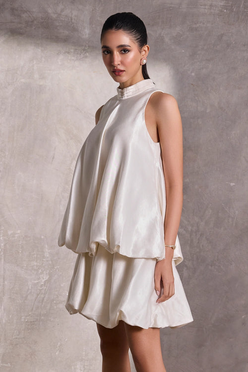 Ivory Gajji Silk Bubble Hem Halter Top With Ivory Gajji Silk Mini Bubble Skirt
