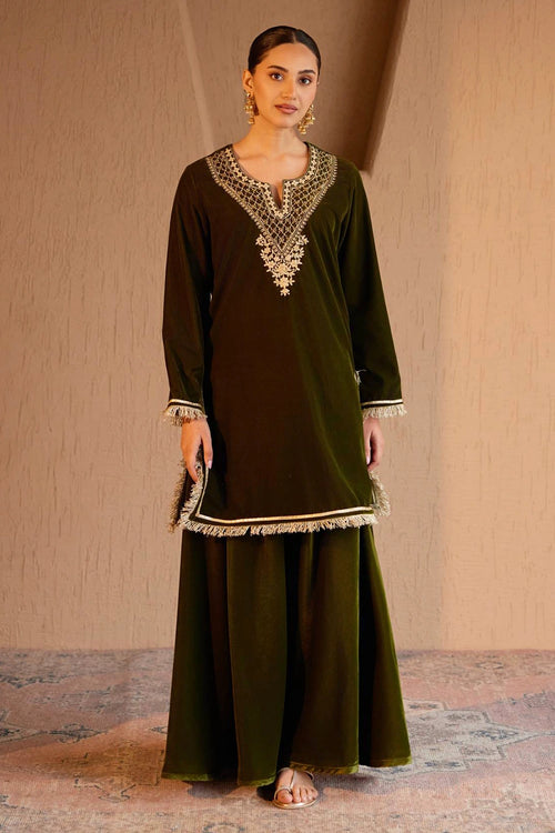 Olive Velvet Kurta With Pants