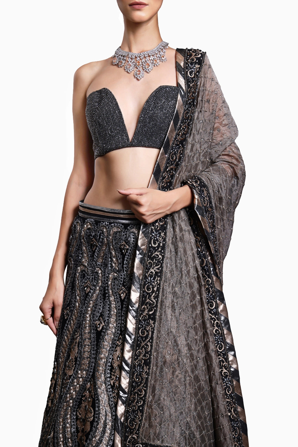 CF Black Applique Lehenga With Dupatta