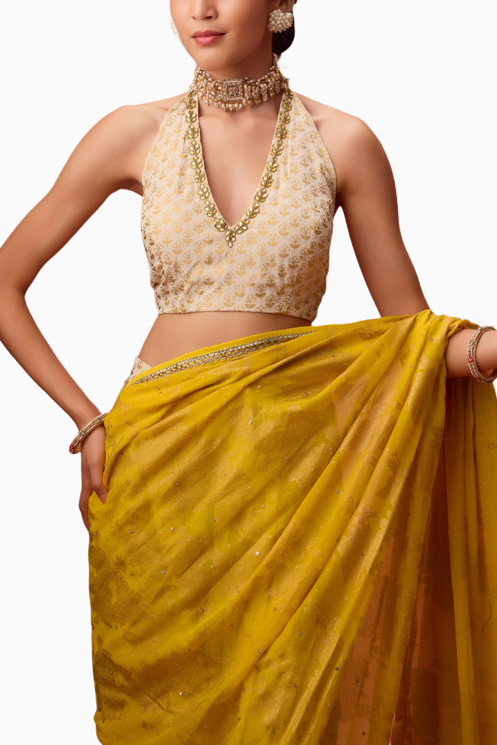 Ghee Yellow Crepe Dhoti Saree