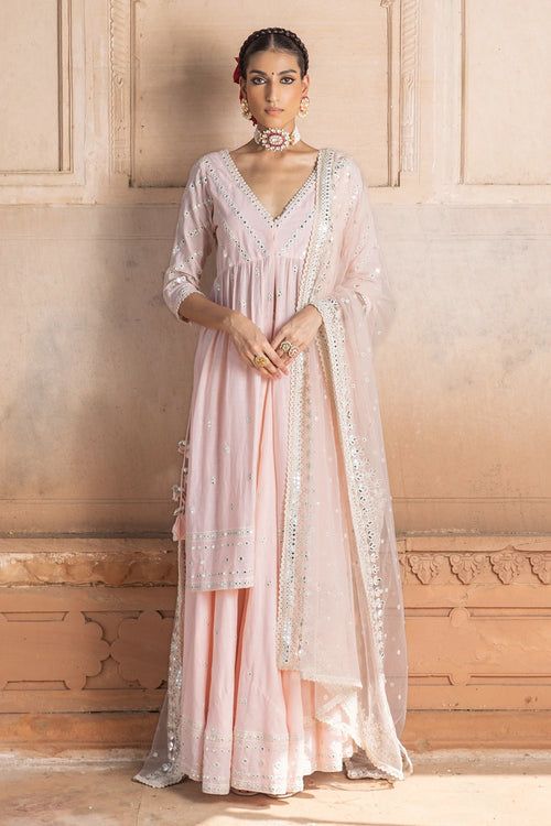 Blush Pink Three Line Embroidered Kurta with Lehenga and Dupatta