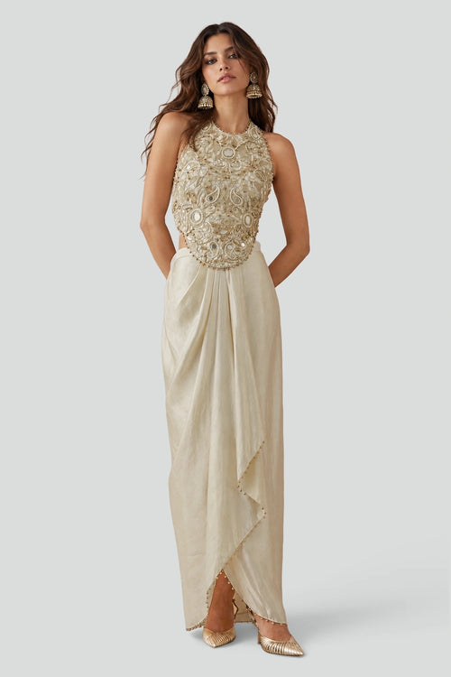 Stone Organza Embroidered Choli With Tissue Lungi Skirt