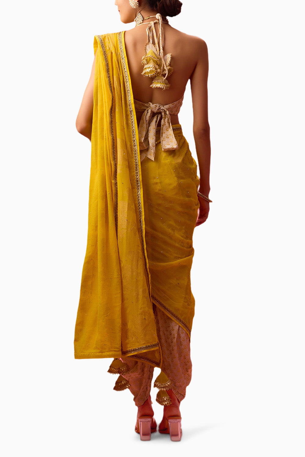 Ghee Yellow Crepe Dhoti Saree