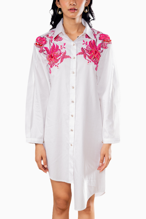 White Floral Embroidered Shirt Dress