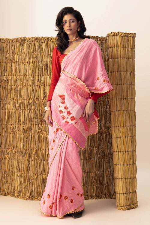 Pink Patchwork Bandhani Palla Saree