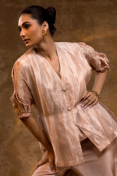 Agneya Blush Layered Silk and Tissue Jacket Set