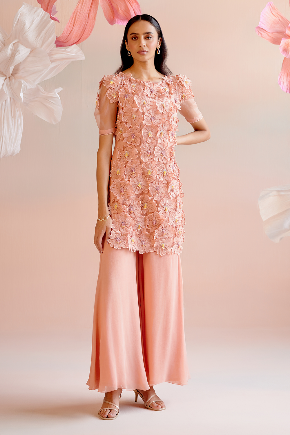 Peach Daisy Short Kurta with Flared Sharara Pant