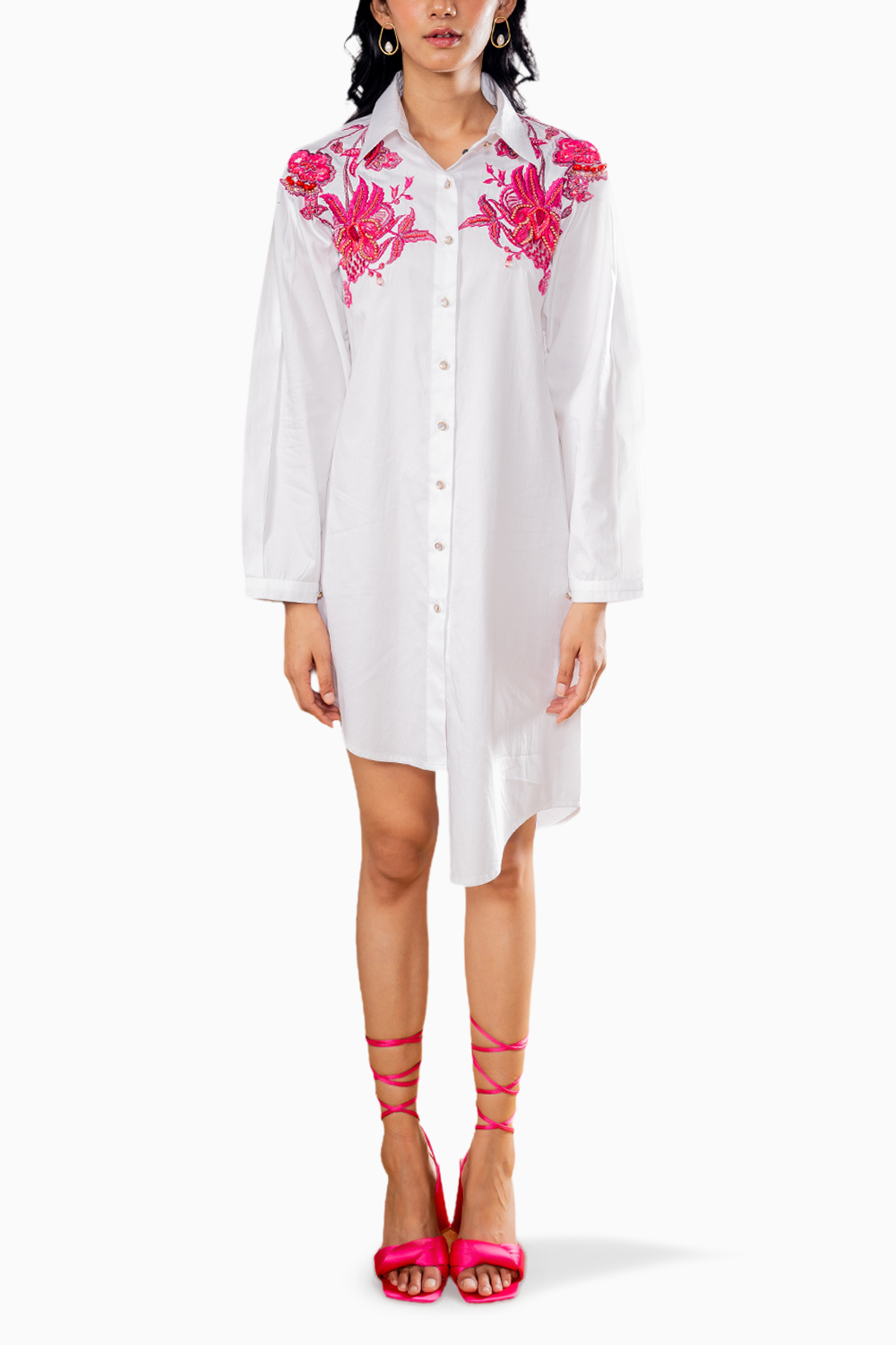 White Floral Embroidered Shirt Dress