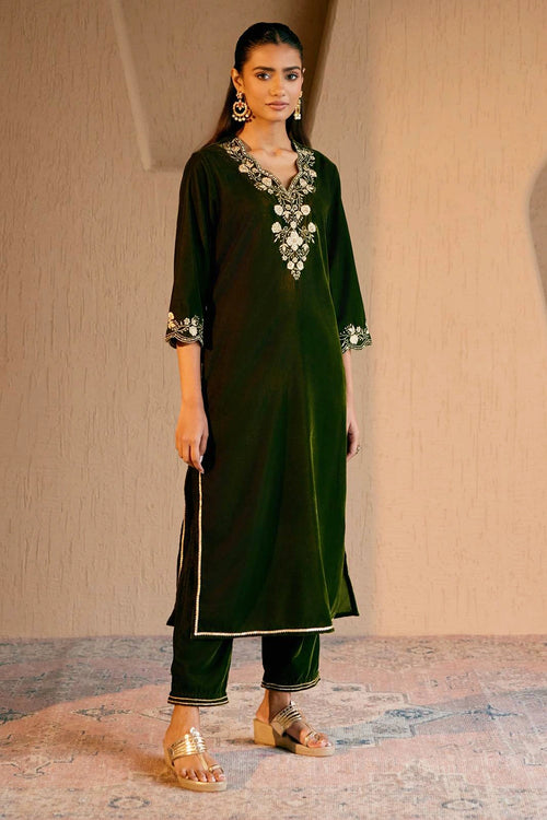 Olive Embroidered Kurta With Pants