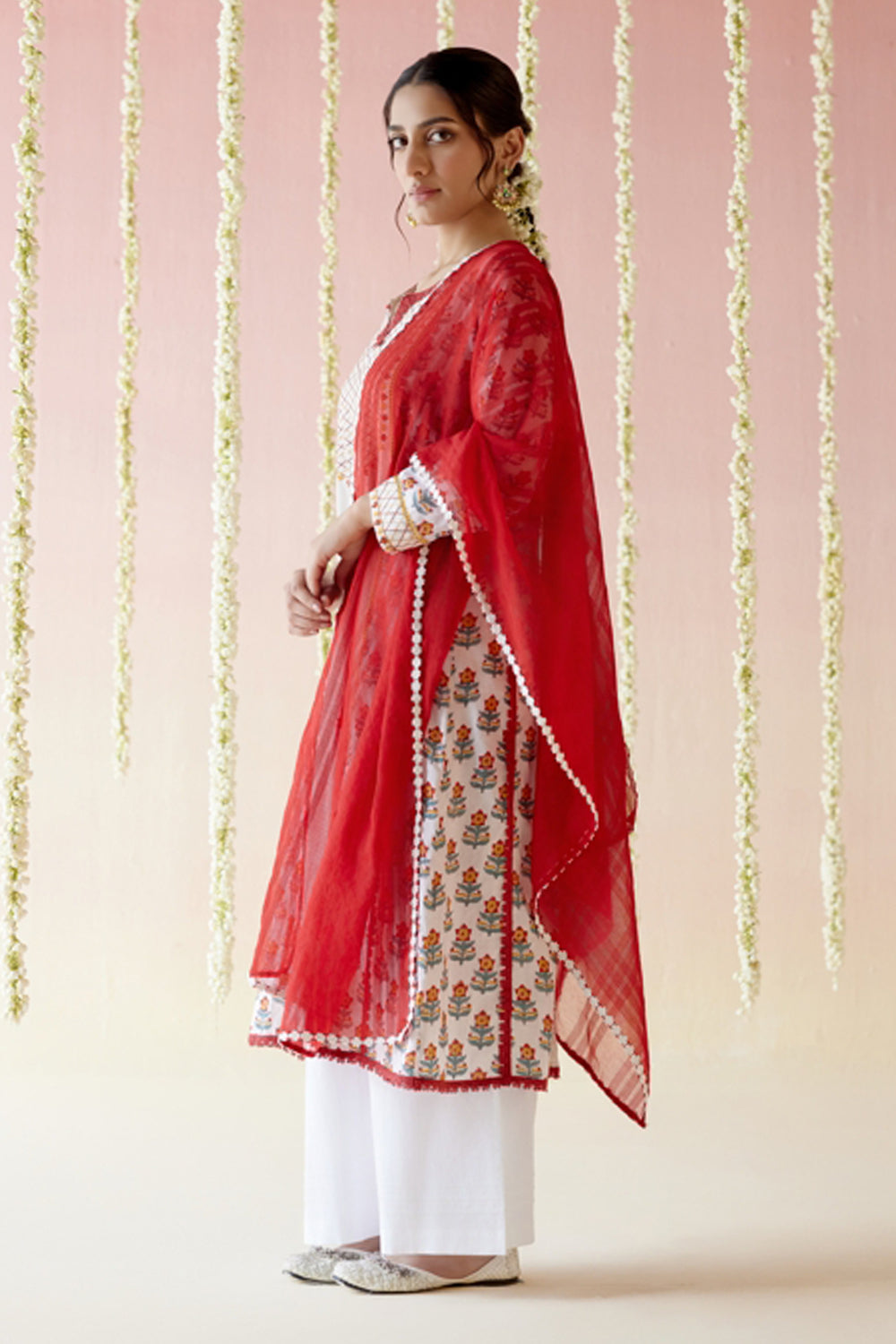 Poppy Red Yoke Anarkali Kurta and Pant with Dupatta