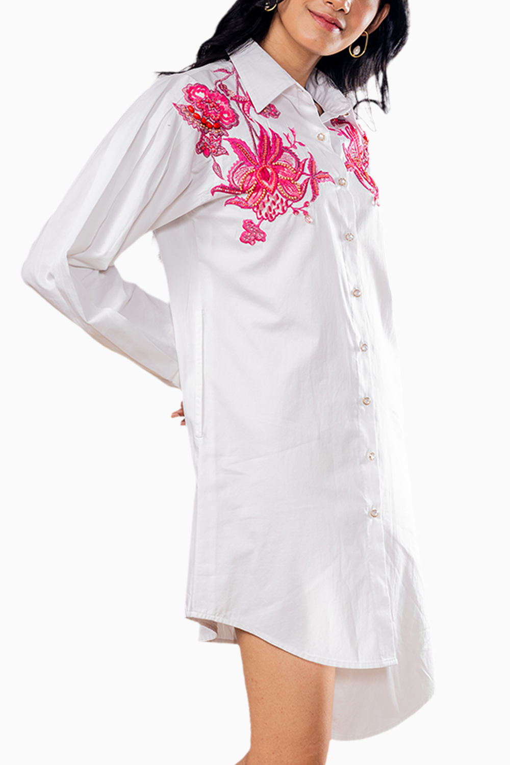 White Floral Embroidered Shirt Dress