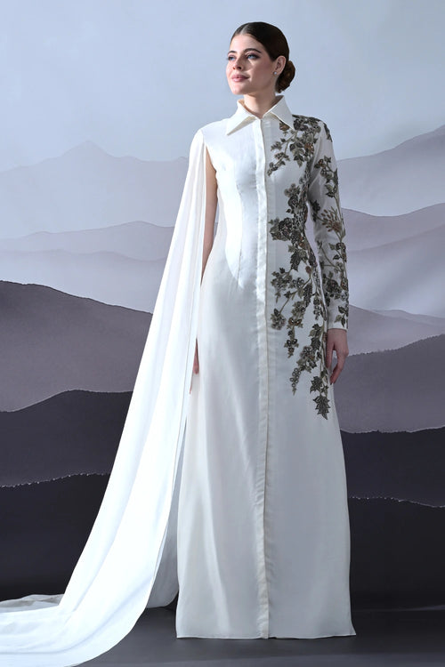 Ivory Gown With Asymmetrical Embroidery