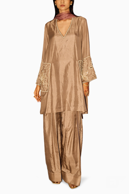 Brown Silk Kurta Set with Organza Dupatta
