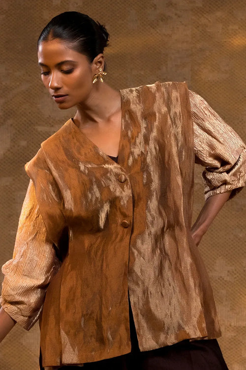 Agneya Dark Amber Layered Silk and Tissue Jacket Set