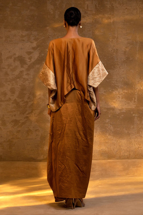 Agneya Dark Amber Silk Draped Skirt Set