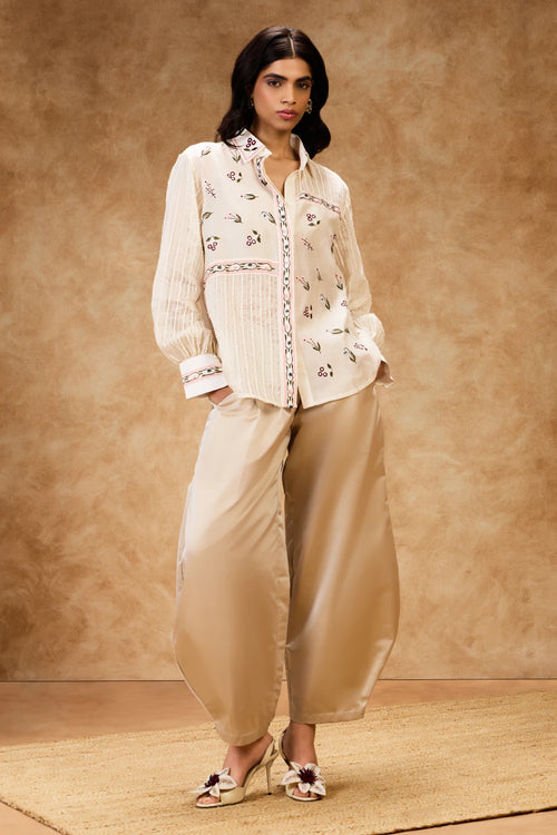 Ivory Threadwork Shirt And Pants Set
