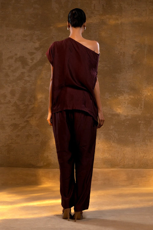 Agneya Deep Wine Silk One Shoulder Draped Set