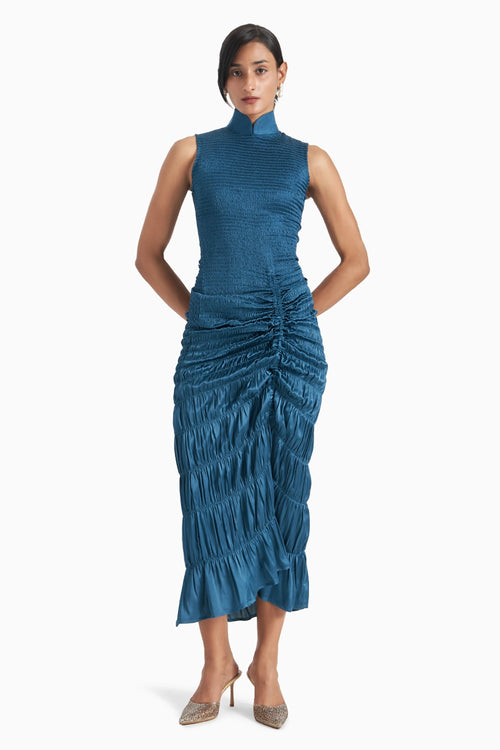 Dark Teal Central Gathered Scale Smocked Mandarin Collar Dress