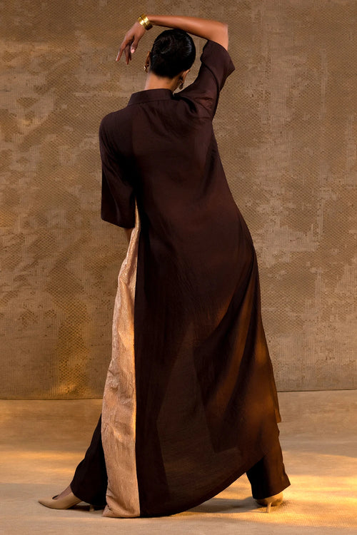 Agneya Brown Silk Drape Shirt Set